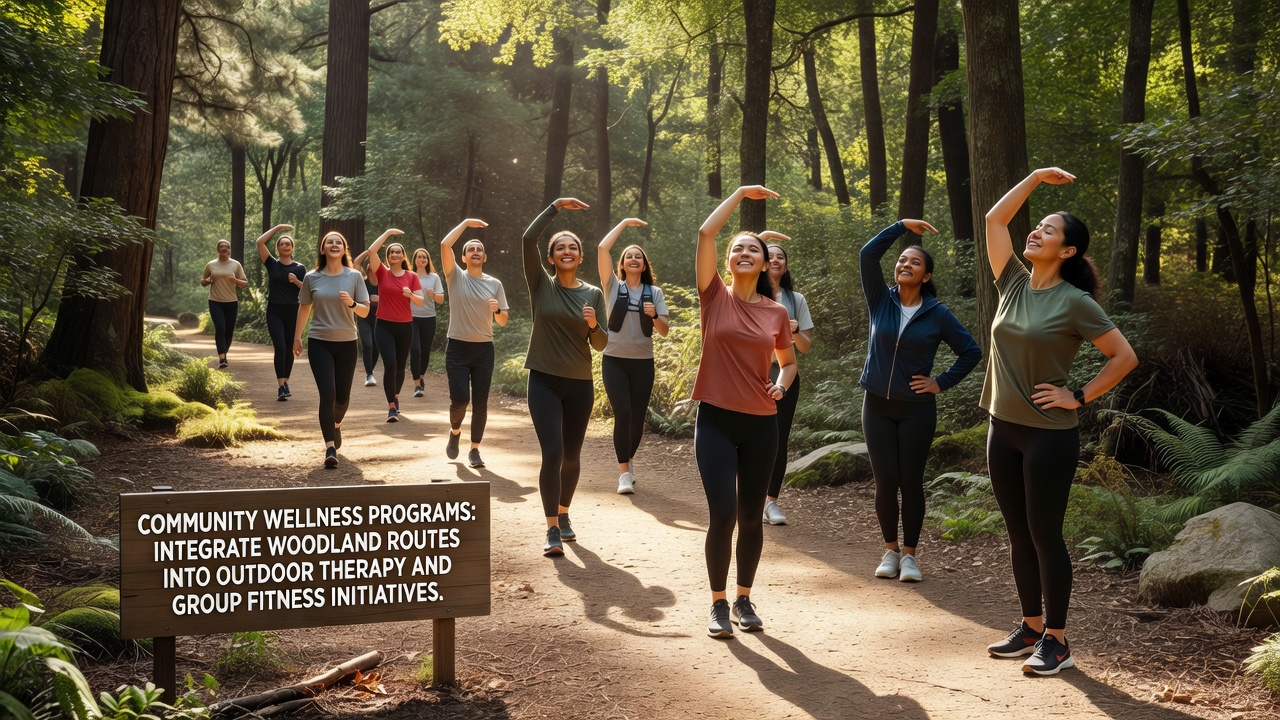 Participants engaging in group fitness exercises on a forested trail as part of a wellness initiative
